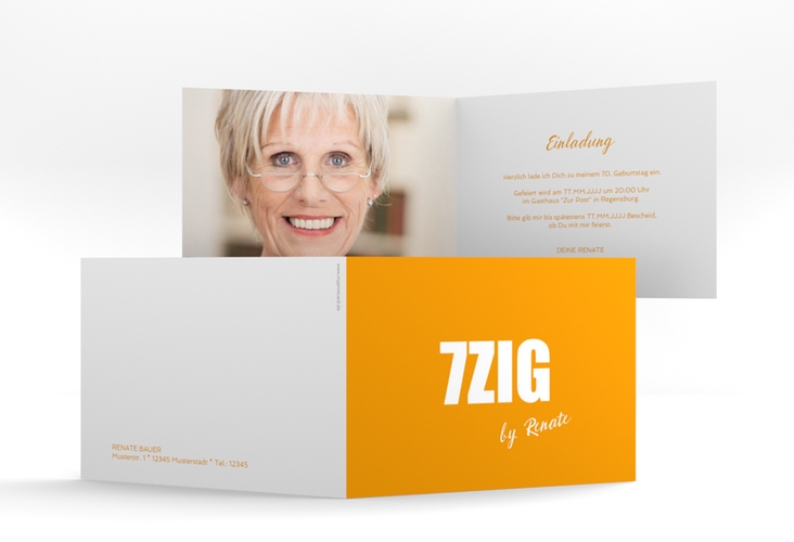 Einladung 70. Geburtstag Zig A6 Klappkarte quer orange hochglanz