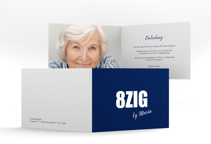 Einladung 80. Geburtstag Zig A6 Klappkarte quer blau hochglanz