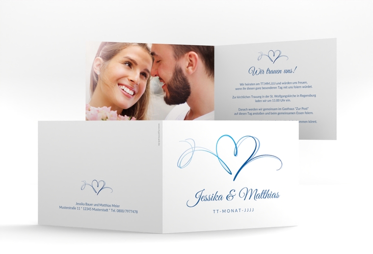 Hochzeitseinladung Envie A6 Klappkarte quer blau hochglanz