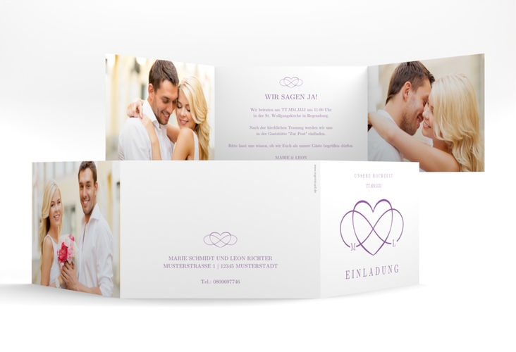 Hochzeitseinladung Infinity A6 Doppel-Klappkarte lila hochglanz