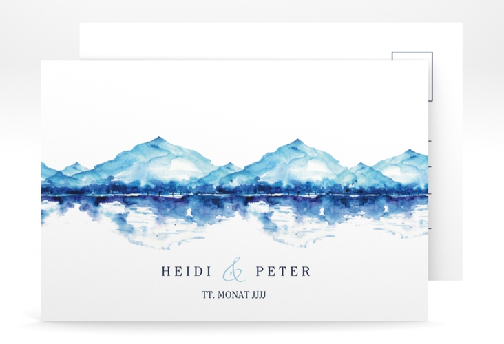 Antwortkarte Hochzeit Bergliebe A6 Postkarte mit Gebirgspanorama für Berghochzeit