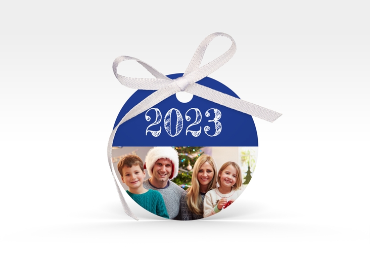 Geschenkanhänger Weihnachten Besinnlichkeit Geschenkanhänger, rund blau zum Personalisieren mit Jahreszahl und Foto
