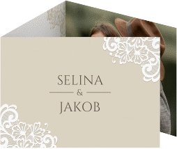 Klick: Details zu Hochzeitseinladung "Vintage" anzeigen Hochzeitseinladung Vintage A6 Doppel-Klappkarte beige mit floraler Spitze
