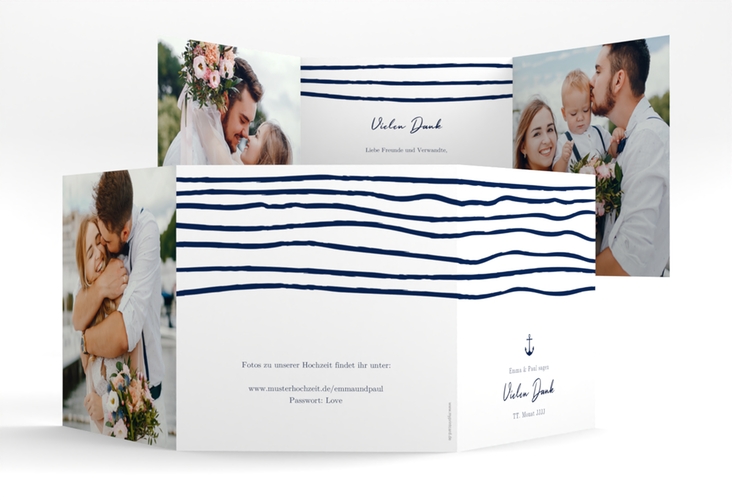 Danksagungskarte Hochzeit Liebesanker quadr. Doppel-Klappkarte blau mit maritimem Streifenmuster und kleinem Anker