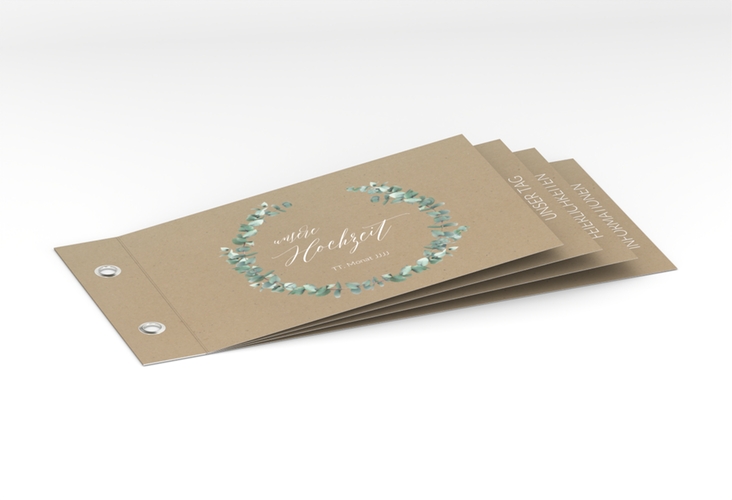Hochzeitseinladung Silverleaf Booklet Kraftpapier hochglanz mit Eukalyptus-Zweig