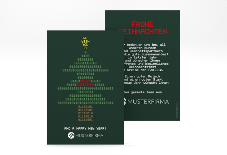 Business-Weihnachtskarte Binär A6 Karte hoch gruen mit Weihnachtsbaum aus Binärzahlen