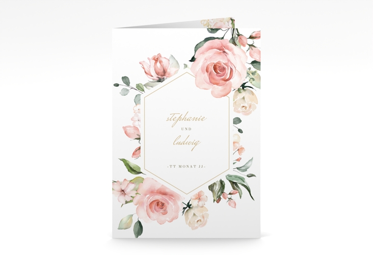 Menükarte Hochzeit Graceful A5 Klappkarte hoch weiss mit Rosenblüten in Rosa und Weiß