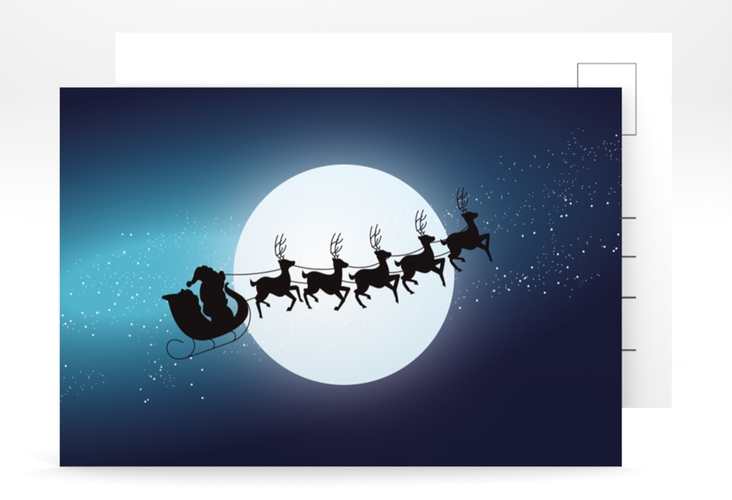 Weihnachtskarte Santa A6 Postkarte dunkelblau mit fliegendem Rentierschlitten