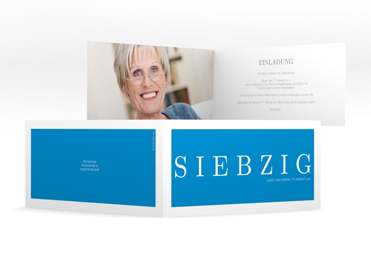 Einladung 70. Geburtstag Schlicht lange Klappkarte quer blau