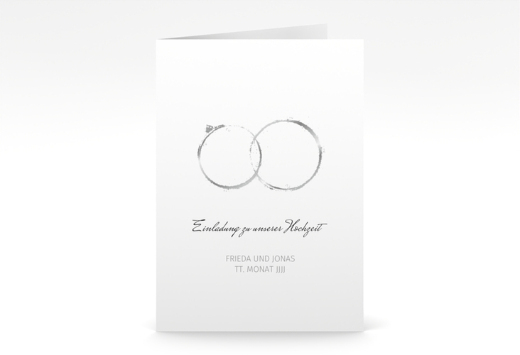 Einladungskarte Hochzeit Trauringe A6 Klappkarte hoch grau hochglanz minimalistisch gestaltet mit zwei Eheringen