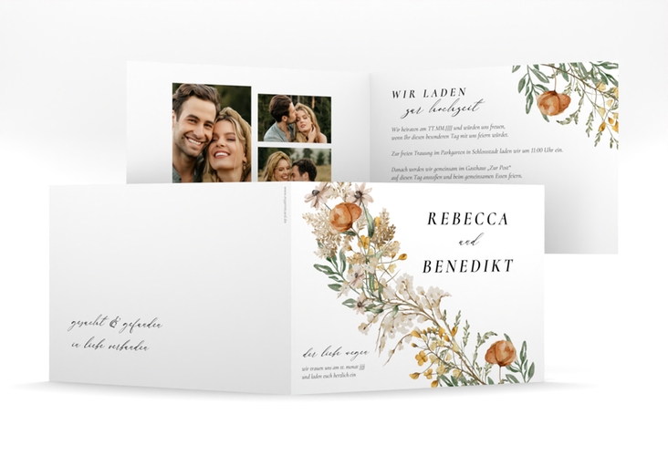 Hochzeitseinladung Wildfang mittlere Klappkarte quer weiss mit getrockneten Wiesenblumen
