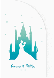 Klick: Details zu Hochzeitseinladung "Castle" anzeigen Hochzeitseinladung Castle mittlere Bogen-Wickelfalzkarte tuerkis