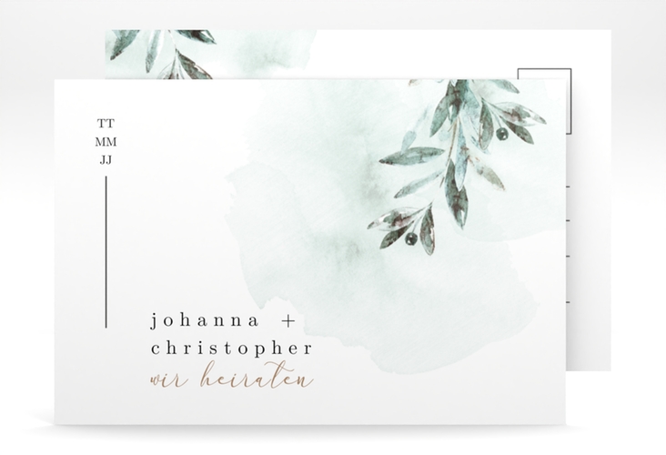 Save the Date-Postkarte Mediterran A6 Postkarte mit Lorbeerzweig in Aquarell