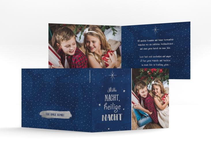 Weihnachtskarte Sternenzauber A6 Klappkarte quer blau und silber mit Sternenhimmel-Motiv und Foto