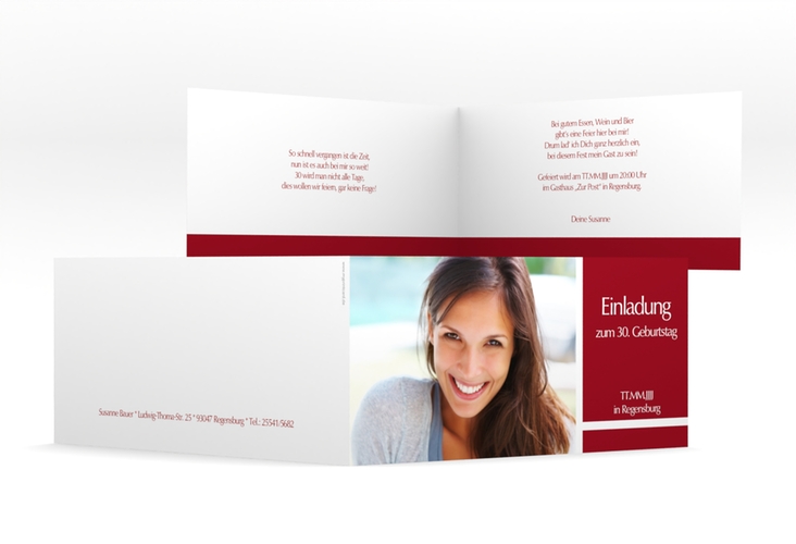Einladung 30. Geburtstag Gerd/Gerda lange Klappkarte quer rot mit Foto