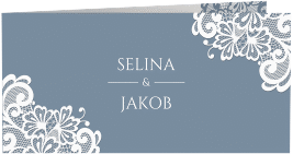 Klick: Details zu Hochzeitseinladung "Vintage" anzeigen Hochzeitseinladung Vintage lange Klappkarte quer blau mit floraler Spitze