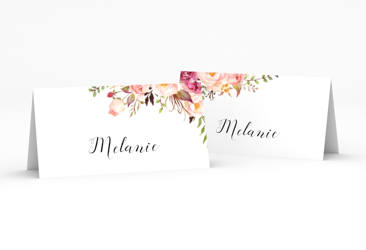 Tischkarte Hochzeit Flowers Tischkarten weiss hochglanz mit bunten Aquarell-Blumen