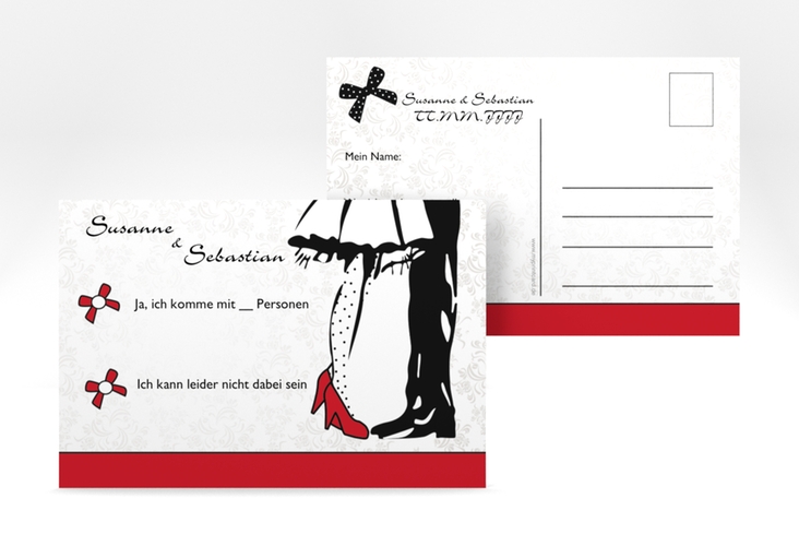 Antwortkarte Hochzeit Straßburg A6 Postkarte rot hochglanz mit Rockabilly-Brautpaar