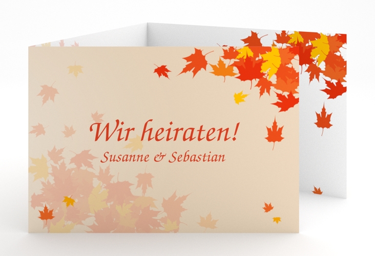 Hochzeitseinladung Zwiesel A6 Doppel-Klappkarte hochglanz mit bunten Blättern für Herbsthochzeit