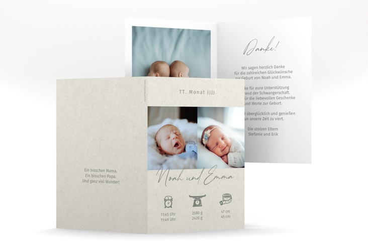 Geburtskarte Zwillinge A6 Klappkarte hoch beige