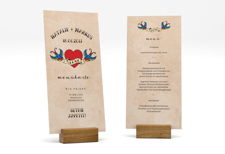 Menükarte Hochzeit Tattoo lange Karte hoch beige hochglanz mit Herz und zwei Schwalben