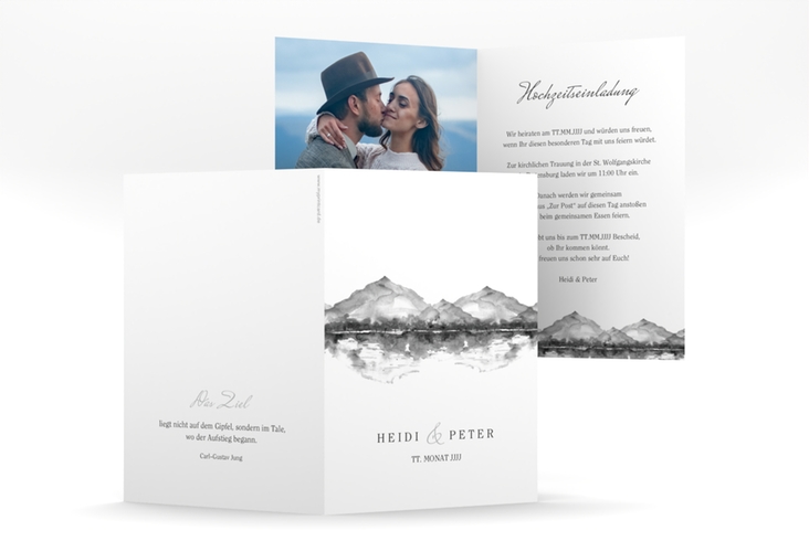 Einladungskarte Hochzeit Bergliebe A6 Klappkarte hoch grau hochglanz mit Gebirgspanorama für Berghochzeit