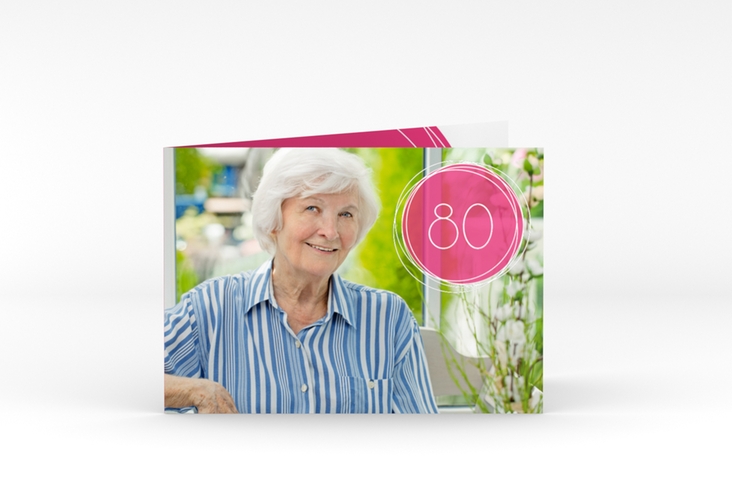 Einladung 80. Geburtstag Twister A6 Klappkarte quer pink hochglanz