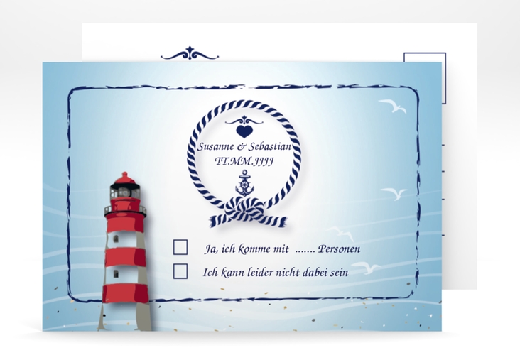 Antwortkarte Hochzeit Sylt A6 Postkarte blau hochglanz mit Leuchtturm