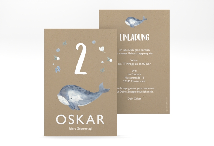 Einladungskarte Kindergeburtstag "Walfisch" A6 Karte hoch beige mit niedlichem Wal in Aquarell