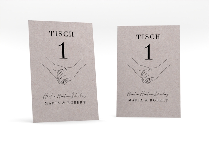 Tischnummer Hochzeit Hands Tischaufsteller Kraftpapier mit sich haltenden Händen im Monoline-Stil