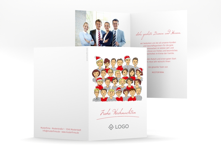 Business-Weihnachtskarte Team A6 Klappkarte hoch rot hochglanz und weiß mit Illustration der Mitarbeiter