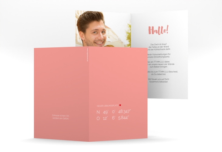 Party Einladungskarte Lieblingsplatz A6 Klappkarte hoch rosa mit GPS-Koordinaten