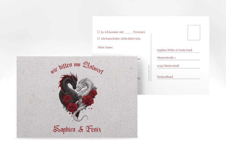 Antwortkarte Hochzeit Drachenliebe A6 Postkarte grau mit schwarzem und weißem Drachen zu einem Herz verschlungen