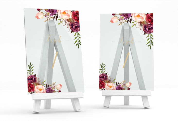 Tischnummer Acryl Hochzeit Flowers Tischaufsteller Acryl lila hochglanz mit bunten Aquarell-Blumen