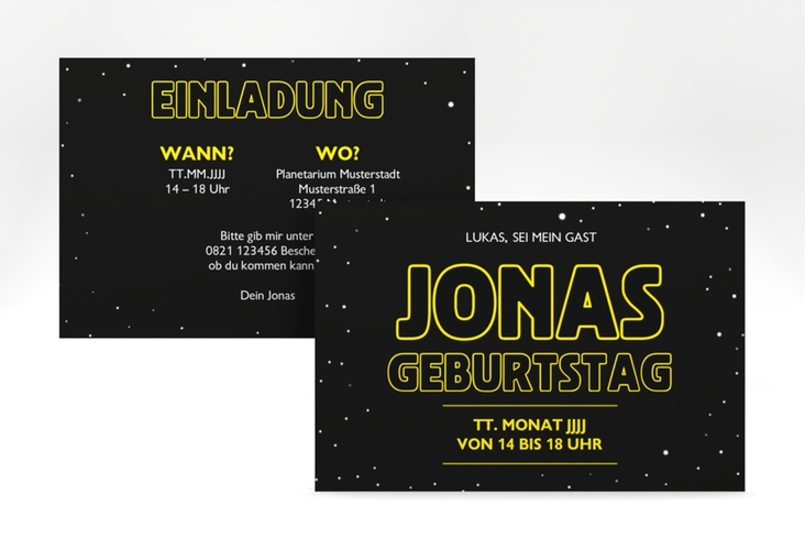 Einladungskarte Kindergeburtstag Star A6 Karte quer schwarz für SciFi-Fans