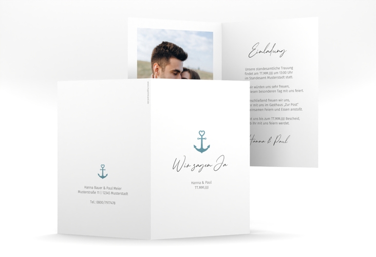 Einladungskarte Hochzeit Ankerliebe A6 Klappkarte hoch weiss hochglanz im minimalistischen maritimen Design mit Anker