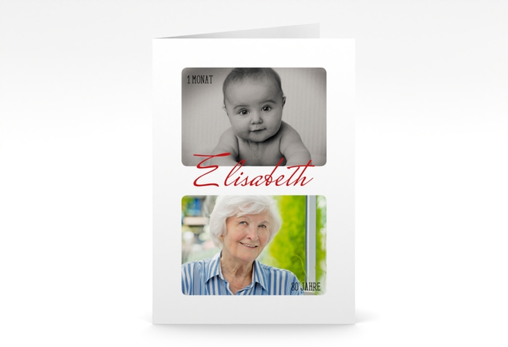 Einladung 80. Geburtstag Zeitlos A6 Klappkarte hoch weiss mit Damals- und Heute-Fotos