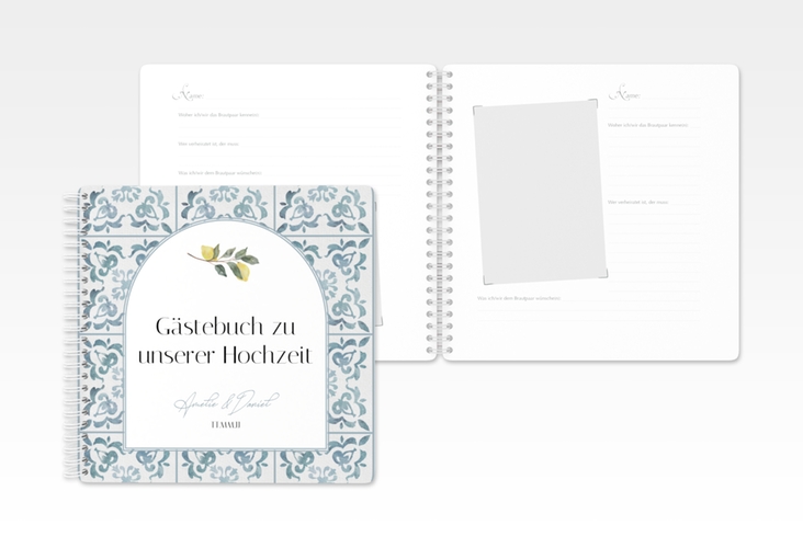 Gästebuch Hochzeit Azulejo Ringbindung blau mit mediterranem Azulejo-Muster und Zitronen