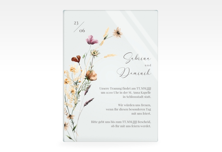 Acryl-Hochzeitseinladung Sauvages Acrylkarte hoch bunt mit getrockneten Wiesenblumen