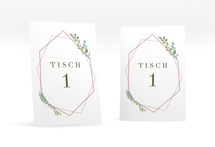 Tischnummer Hochzeit Herbarium Tischaufsteller rosa mit geometrischem Rahmen und Blätter-Dekor