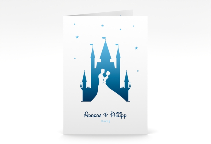 Einladungskarte Hochzeit Castle A6 Klappkarte hoch blau hochglanz