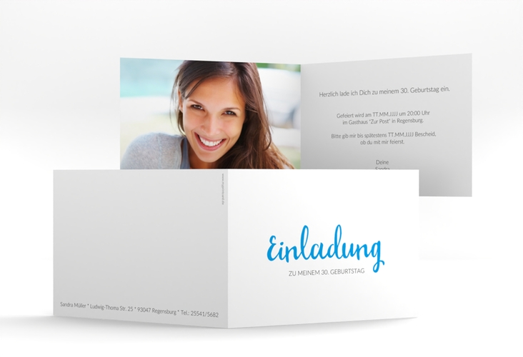 Einladung Geburtstag Handwriting A6 Klappkarte quer blau