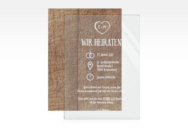 Acryl-Hochzeitseinladung Wood Acrylkarte + Deckblatt hoch braun hochglanz