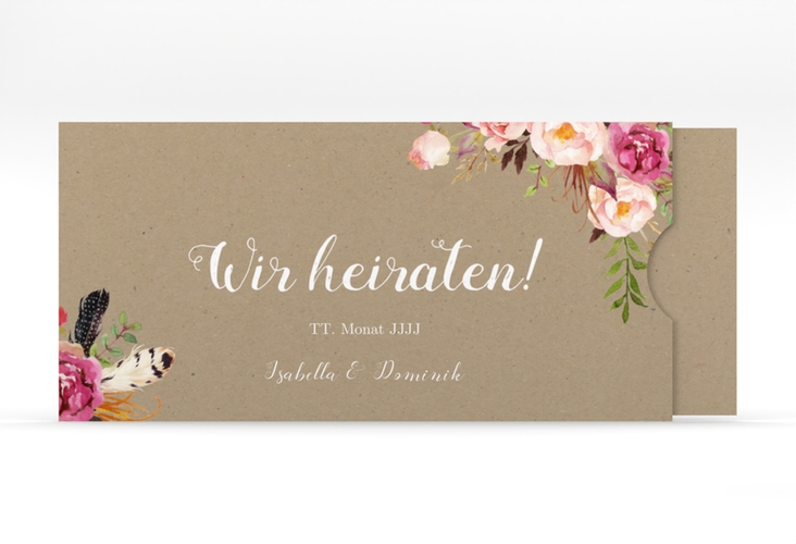 Hochzeitseinladung Flowers Einsteckkarte Kraftpapier mit bunten Aquarell-Blumen