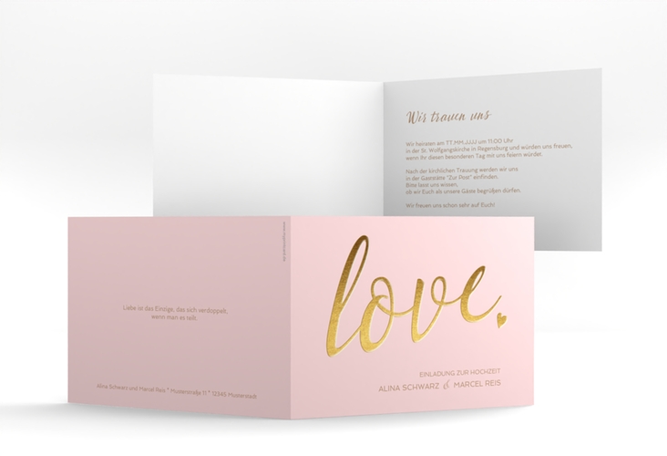 Hochzeitseinladung Glam A6 Klappkarte quer rosa hochglanz