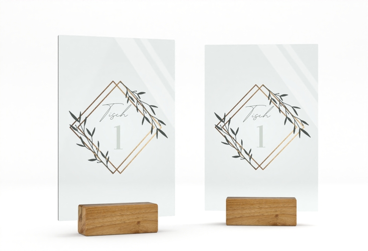 Tischnummer Acryl Hochzeit Greenletter Tischaufsteller Acryl mit Initialen in elegantem Goldrahmen mit Blättern