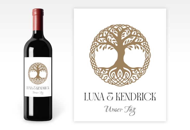 Weinetikett zur Hochzeit Lebensbaum Etikett Weinflasche 4er Set weiss im Stil der Kelten und Wikinger