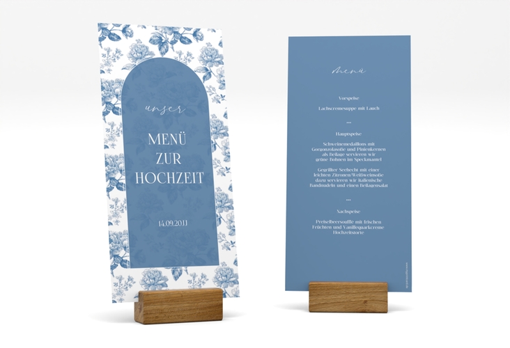 Menükarte Hochzeit Blue Floral lange Karte hoch blau mit blauem Blumenmuster auf weißem Grund