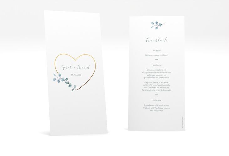 Menükarte Hochzeit Greenheart lange Karte hoch mit elegantem Herz und Eukalyptus-Zweig