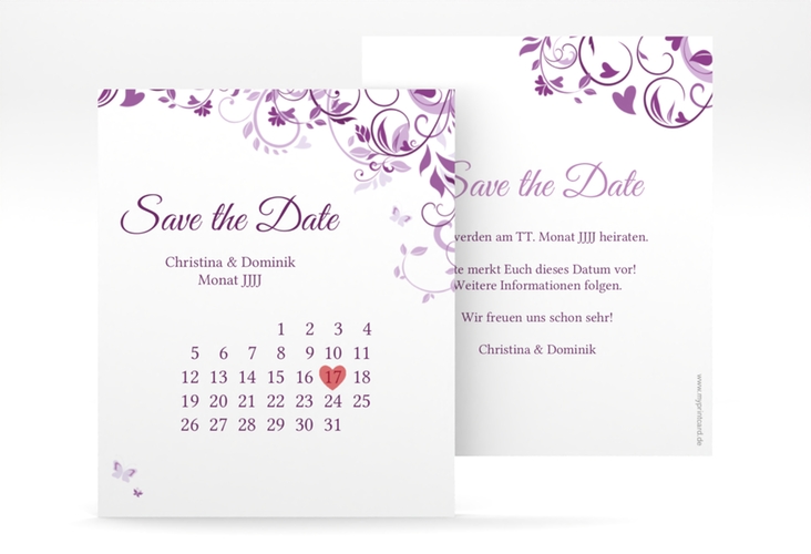 Save the Date-Kalenderblatt Lilly Kalenderblatt-Karte lila hochglanz